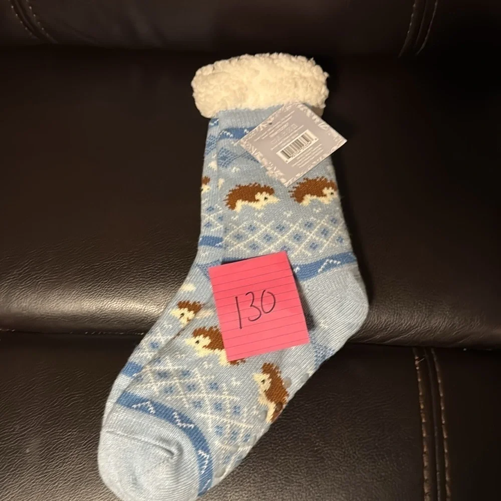 Cozy Blue Porcupine Sherpa Socks With Slip Protector Bottom New With Tags